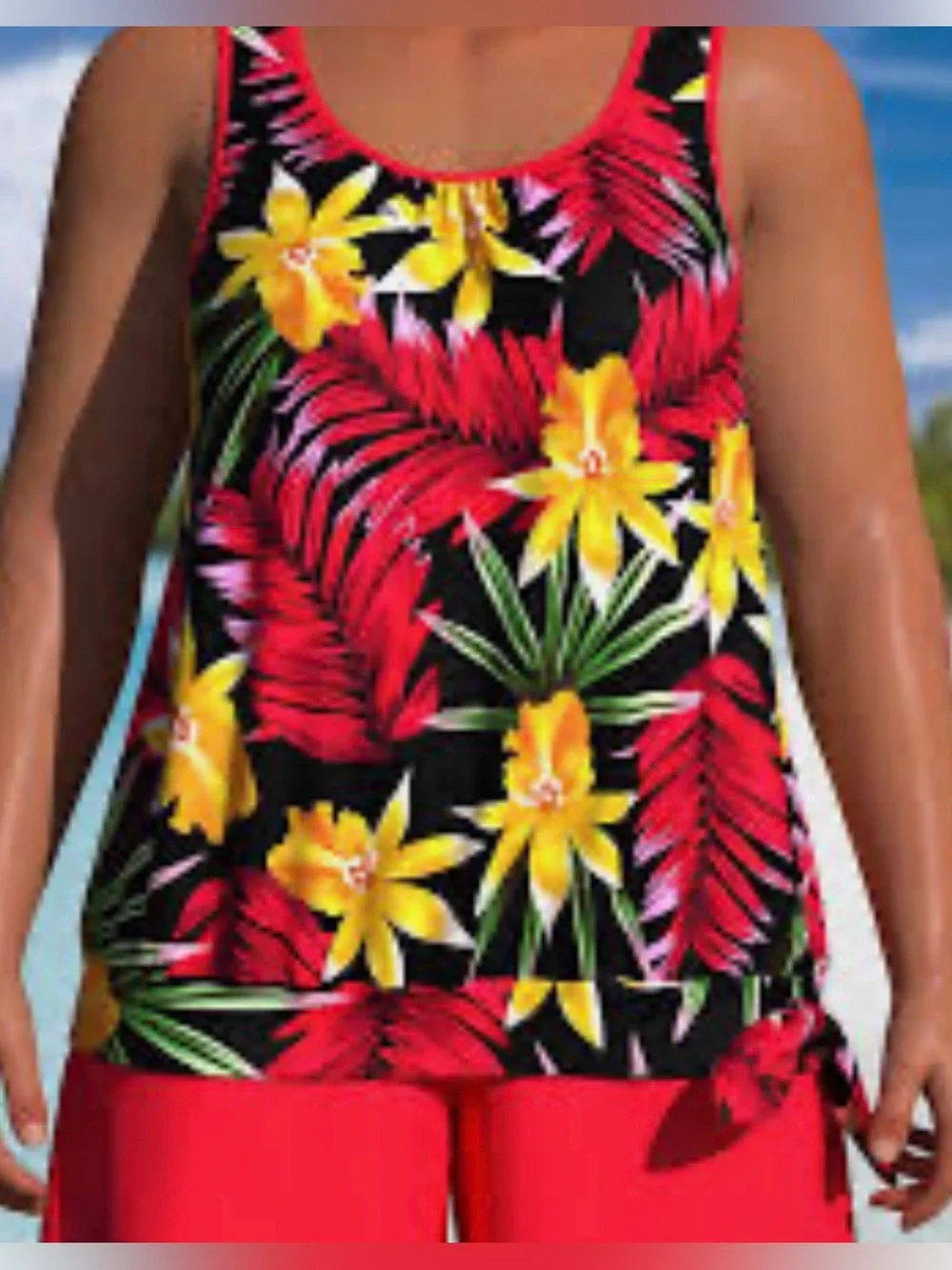 Floral Scoop Neck Tank Top in Black with Red & Yellow Tropical Print